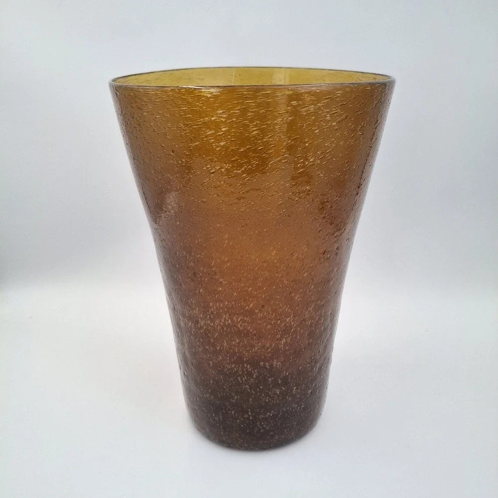 Vintage Amber Seeded Glass‎ Vase Hand Blown Conical Trumpet Shape 9